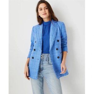 ANN TAYLOR Fringe Trim Tweed Double Breasted Blazer in Lapis Blue Size 6